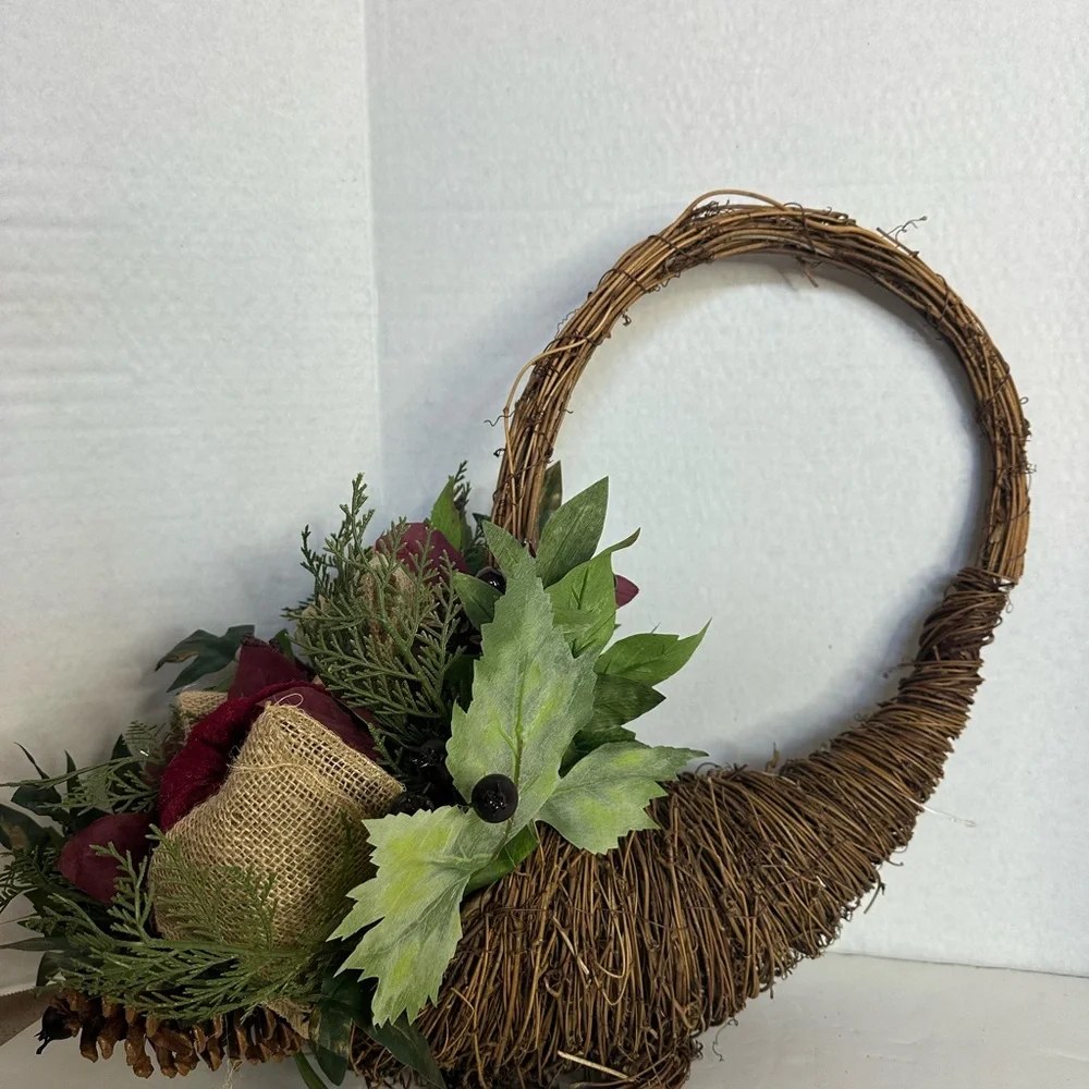 Set of 2 Cornucopia with Pumpkin and Berry Accents Festive Holiday w/ Red Wreath